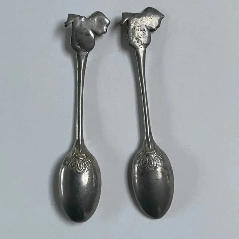 Pewter Baby Spoon‎ Set of 2 Silver Dragon Handle Home Decor Kitchen Dining